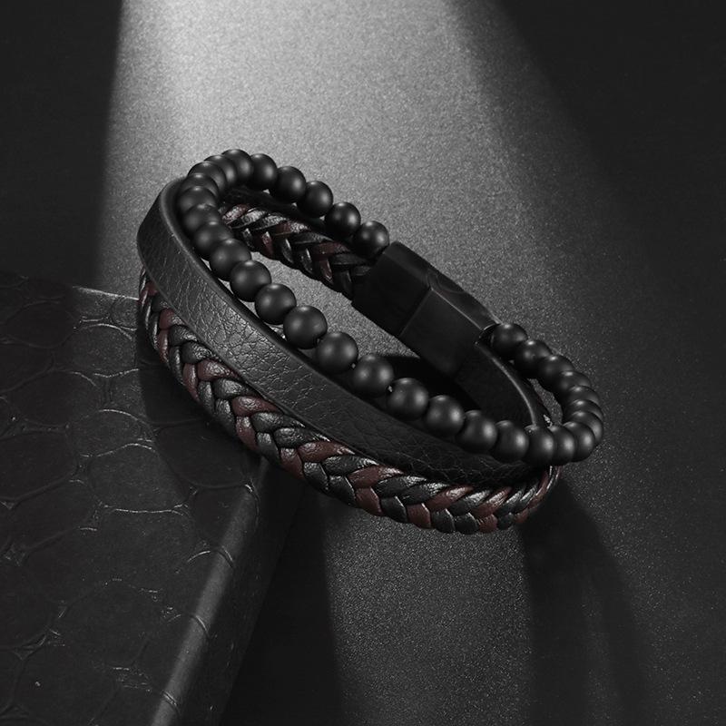 Natural Stone Volcanic Rock Men's Multi-Layer Leather Woven Bracelet