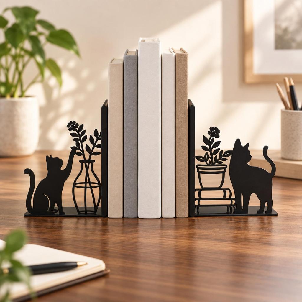 Black Metal Bookend with Cat Decor Stable CatandPlant Decorative Sturdy Animal Bookends for