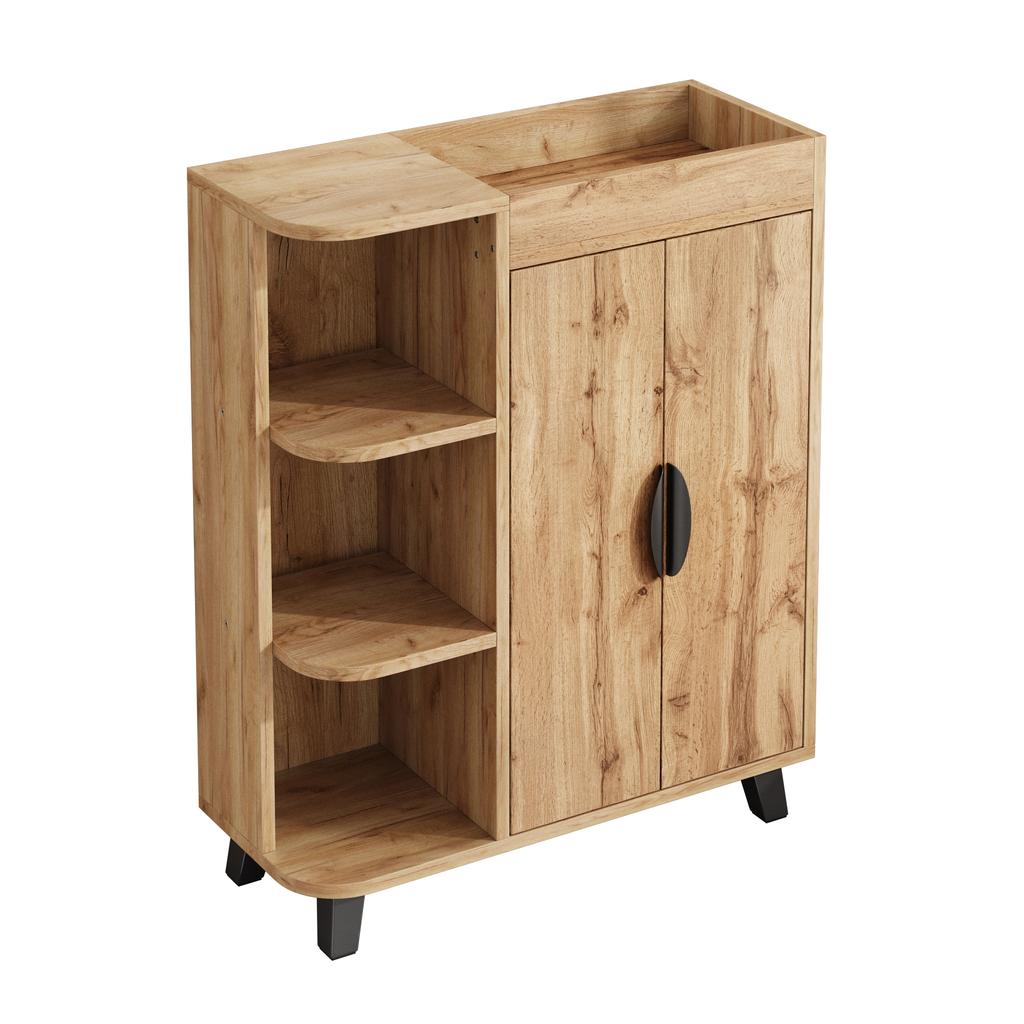 Narrow Shoe Cabinet, Double-Door, Shoe Rack with Open Compartments, Wood Look, Multi-Purpose Cabinet for Hallway, for Small Spaces, with Top Shelf
