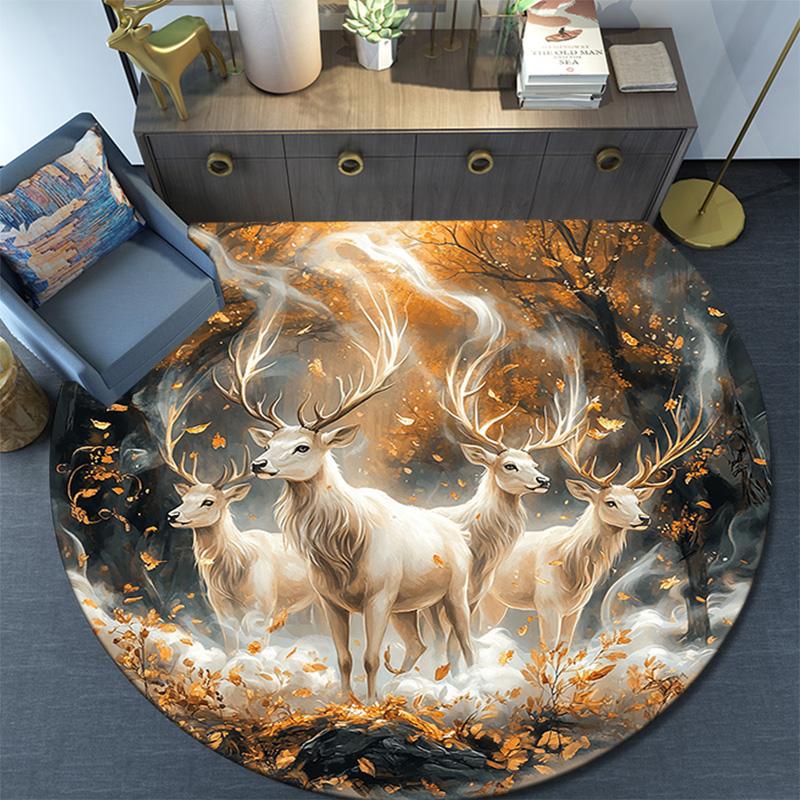 Enchanted Forest Deer Round Area Rug,Carpet Rug for Living Room Bedroom Sofa Playroom Decor,Non-slip Floor Mat
