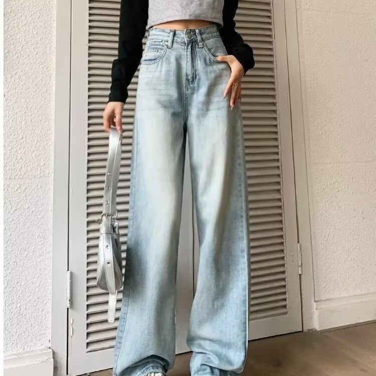 

Женские джинсы светло-голубого цвета с высокой посадкой и широкими штанинами - издание весна/осень 2025, прилегающий дизайн с прямыми штанинами M синий