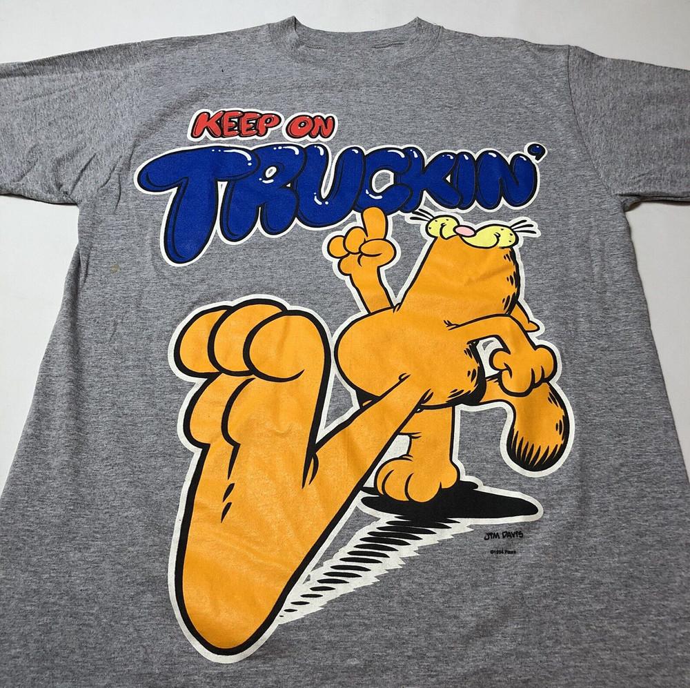 

1994 Vintage Garfield Keep On Truckin Shirt Gray Short Sleeve T Shirt MR366 Unisex T-Shirt S