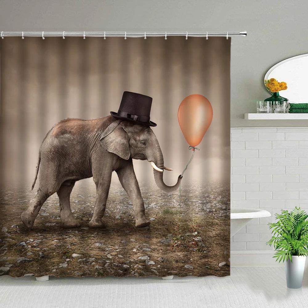 Creative Animal Elephant Printed Pattern Shower Curtains Waterproof Bath Curtain Home Bathroom Decor Polyester Fabric with Hooks
