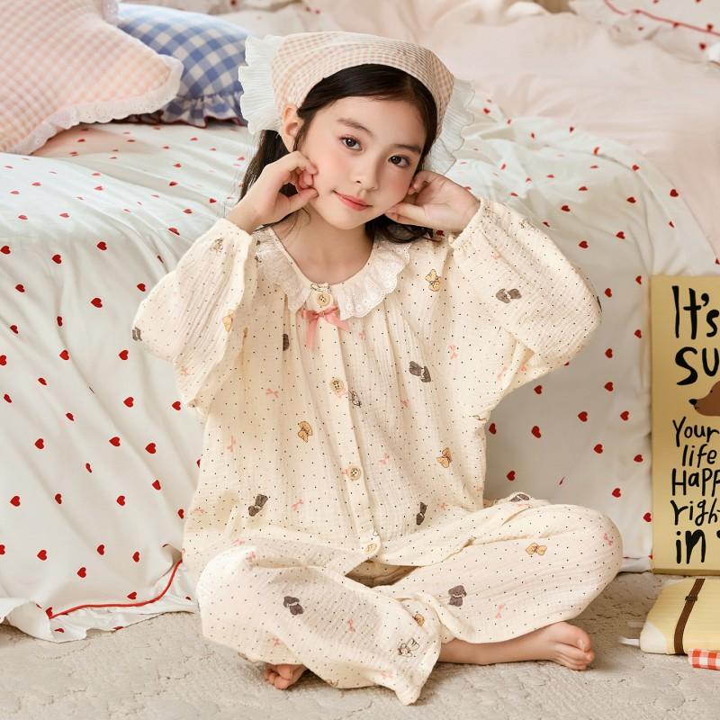 Girls Cotton Gauze Pajama Set Long Sleeve Cartoon Print Sleepwear Ages 8 Fall Comfortable Home Outfit