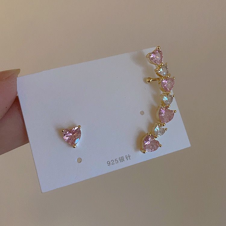New Fashion Pink Love Heart Zircon Earrings Women Asymmetric Sweet Temperament Earring Wedding Party Jewelry Gift
