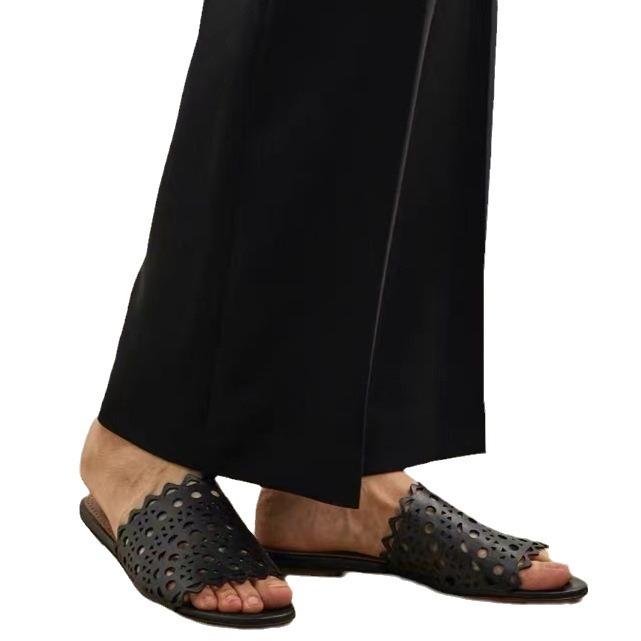 Leather Hollowed-out Laser Engraved Leather One-word Flat-bottomed Cool Slippers Women's Fashion 2025 New Summer Sandals