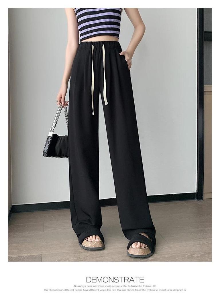 Plus Size Coffee Ice Silk Suit Pants - Women's Summer Elastic Waist Chiffon Wide Leg Petite Pants