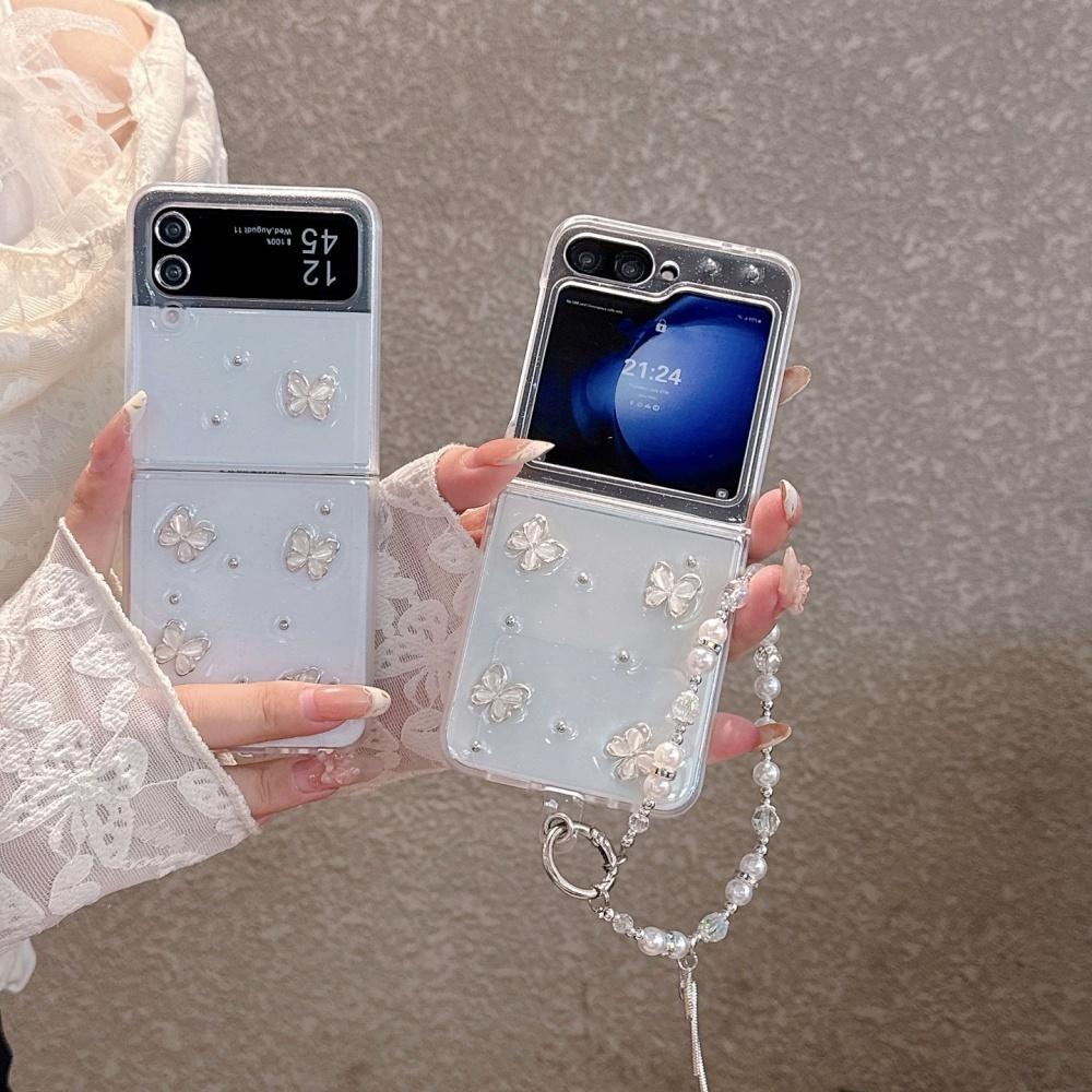 Glitter Cartoon Butterfly Bracelet Case for Samsung Galaxy Z Flip 7 6 5 4 3 Beads Wrist Chain Clear Acrylic Shockproof Ins Cover