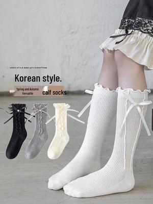 Mädchen-Kniestrümpfe mit Spitzen-Schleife - Modische Baumwollstrümpfe für Frühling und Herbst