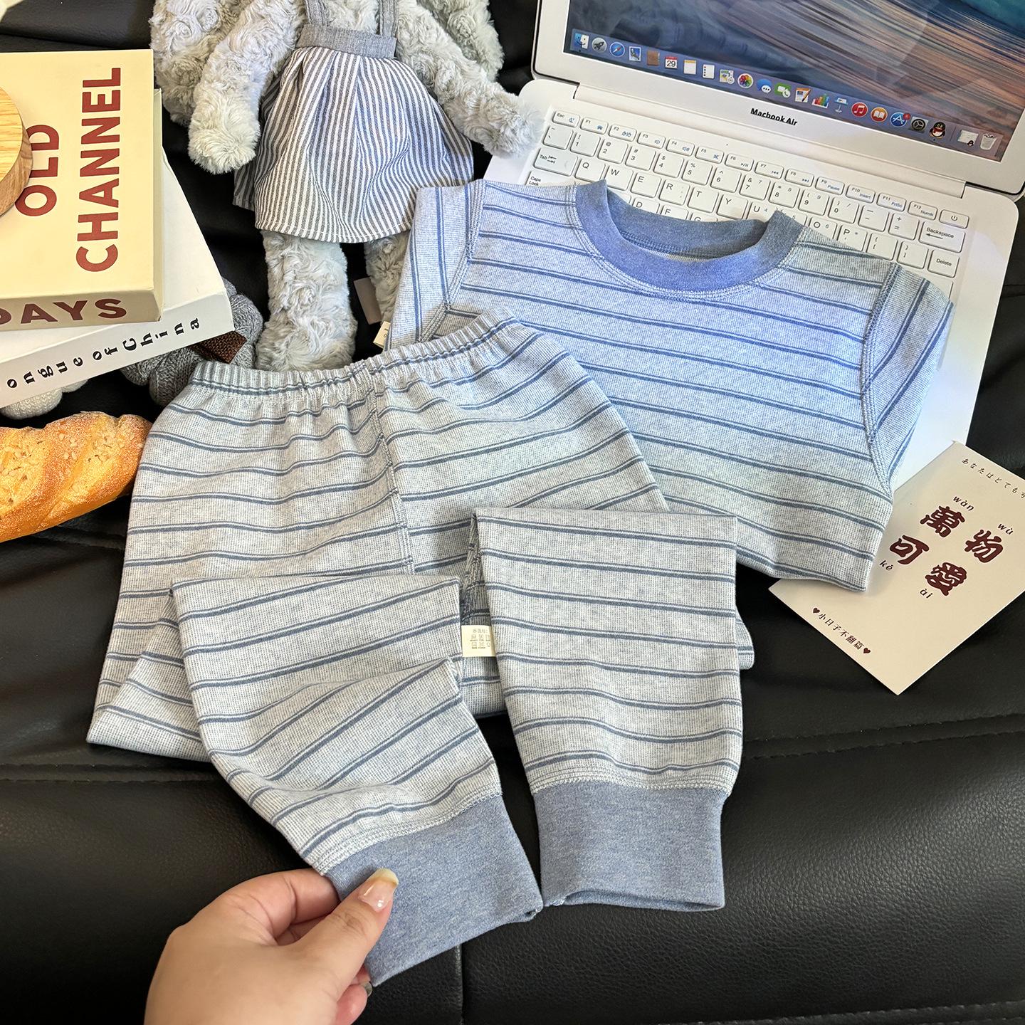 

300g Kids Striped Thermal Set: Pure Cotton Thickened Top & Bottom for Boys & Girls, Autumn/Winter Home Wear. 80 синій