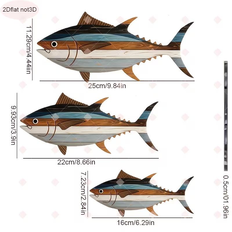 Decoração de Parede de Atum de Madeira com 3 Peças, Reutilizável, Adequada Para Decoração de Casa, Escritório e Sala de Estar.