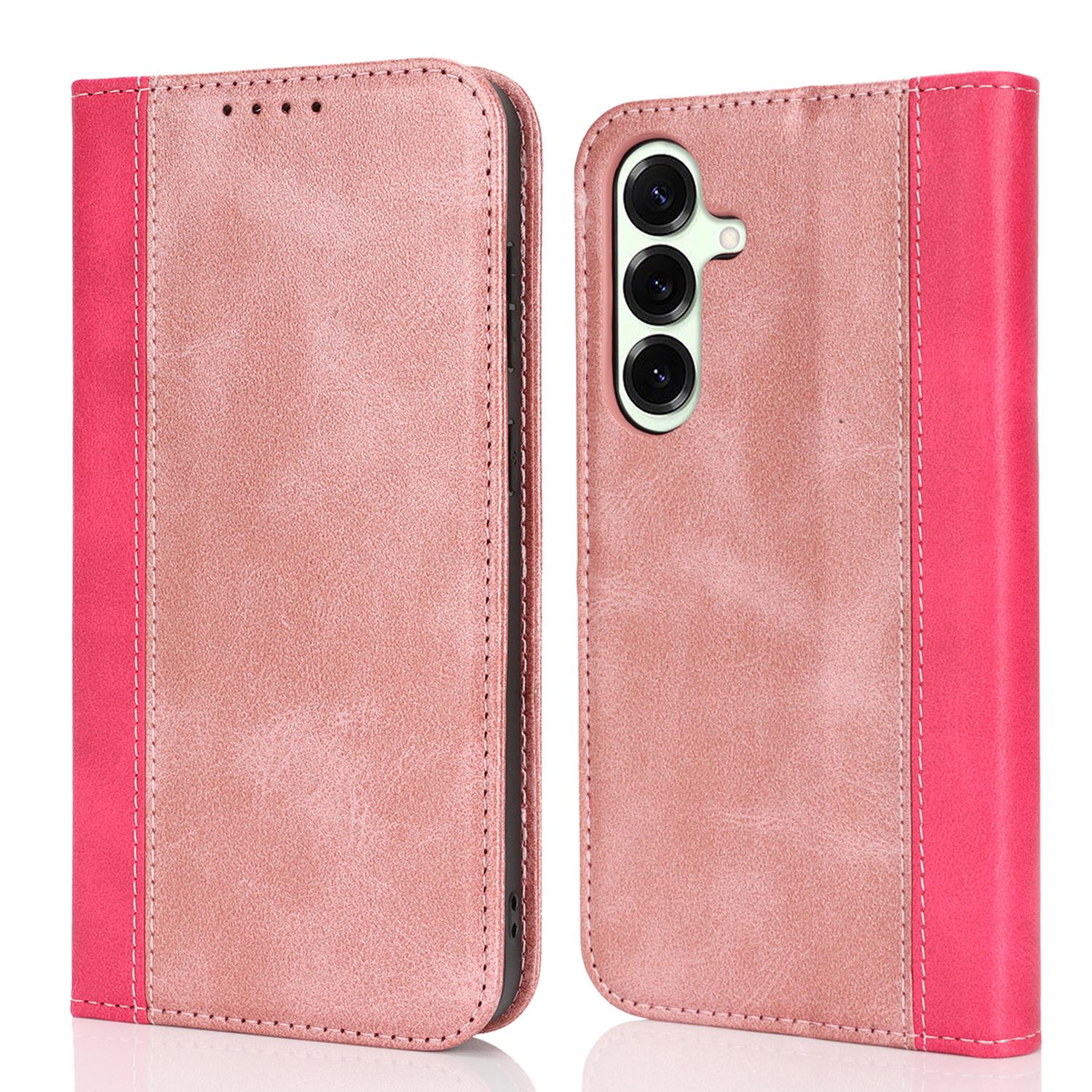 

For Samsung Galaxy S25+ Case Calf Texture 3 Card Slots Color Splicing Leather Phone Cover Rose Gold+Rose