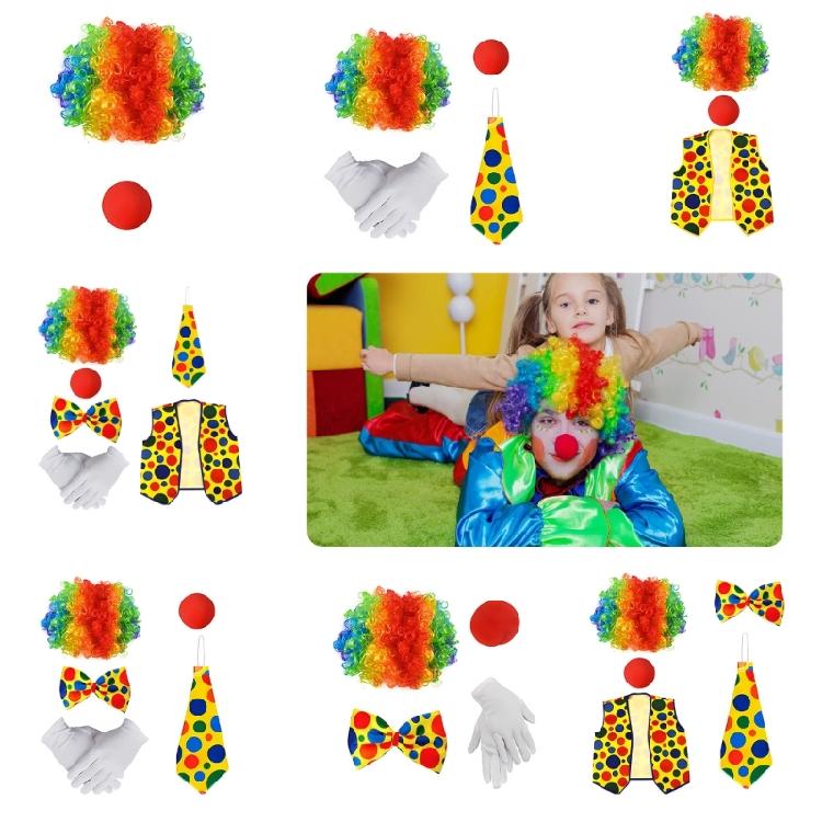 Full Feature Adult Clown Cosplay Set for Halloween Celebration Role Play Rainbow Wig Nose Bowtie Gloves Accessories Set