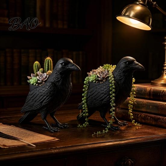 Weather Resistant Planter Crow Succulent Pot, Gothic Raven Plants Holder, Black Bird Pot for Home Decor, Desktop Landscaping Accessory Decorative