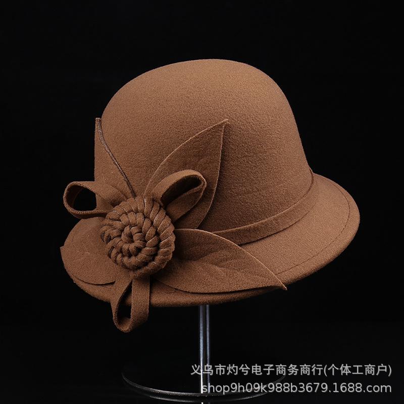 Solid color literary basin hat women shopping vacation French top hat autumn and winter flower felt hat woolen brim