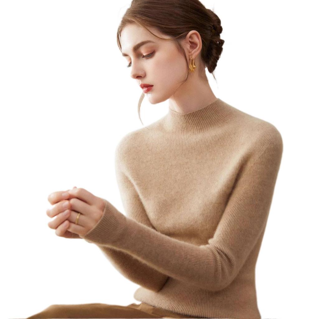 Kangsai Ni Women's Pure Cashmere Sweater - Half-High Neck, Solid Color, Slim Fit, Autumn/Winter Knit Base Layer.