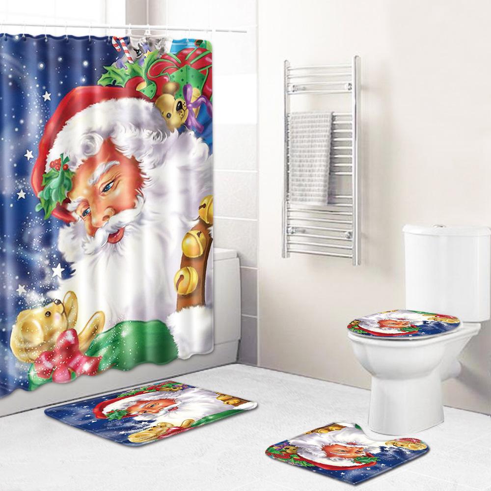 Christmas Shower Curtain Floor Mat Combination Four-Piece Set Bathroom Toilet Carpet Shower Room Mat Foot Mat