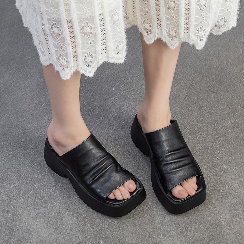 Johnature Retro Peep Toe Venkovní Platformové Pantofle Pravá Kůže Pohodlné Zvyšující Výšku Dámské Boty