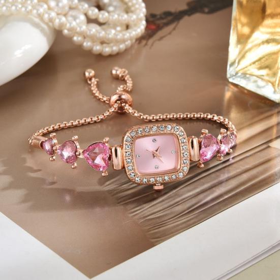 Women Rhinestone Bracelet Watch Small Square Dial Analog Quartz Wrist Watch Love Heart Chain Ladies Dress Watch with Adjustable