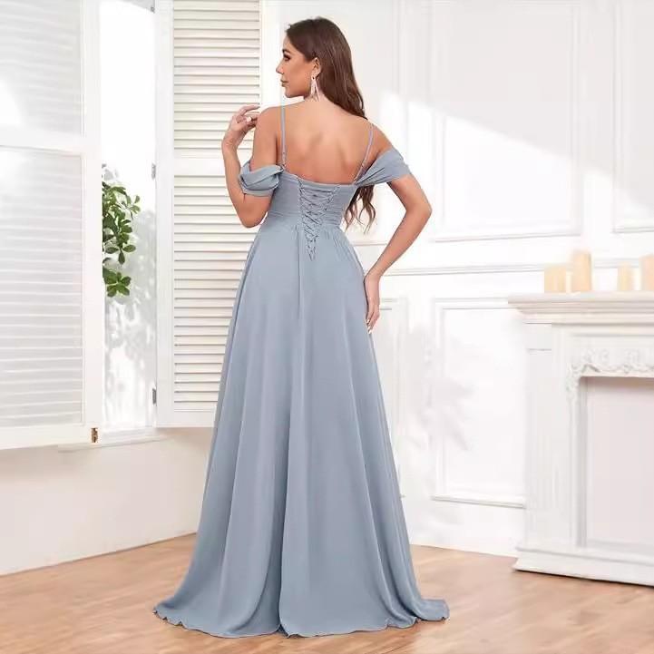1011 new evening dress European and American bridesmaid dress suspender long dress solid color banquet evening dress