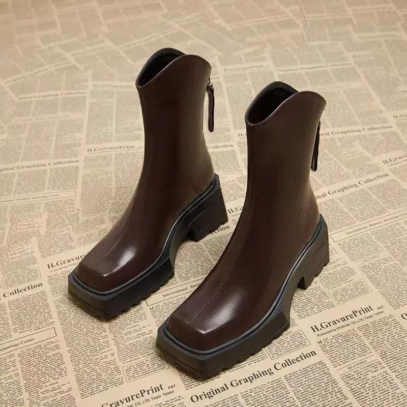 Women's Shoes on Sale 2024 High Quality Zipper Women's Boots Winter Square Toe Solid Short Barrel Chunky Heels Fashion Boots