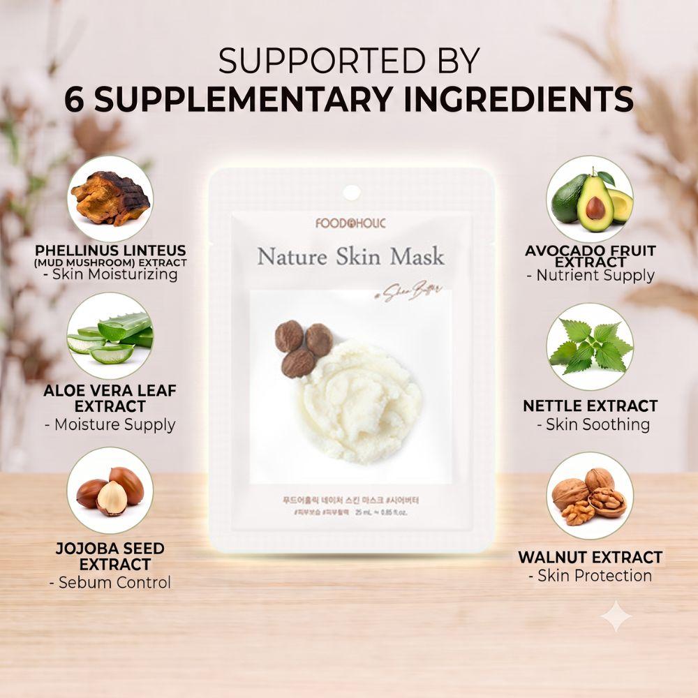 FoodaHolic Nature Skin Mask Shea Butter 23ml X 10 Sheets - Nourishing & Deep Moisturizing Facial Sheet Mask Pack for Extremely Dry Skin (10 Sheets)