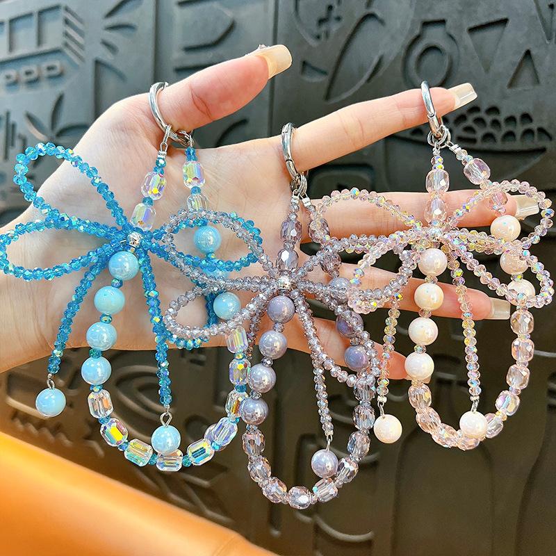 Flash Beaded Mobile Phone Chain Crystal Bow Key Bag Lanyard Pearl Mobile Phone Lanyard Small Gift