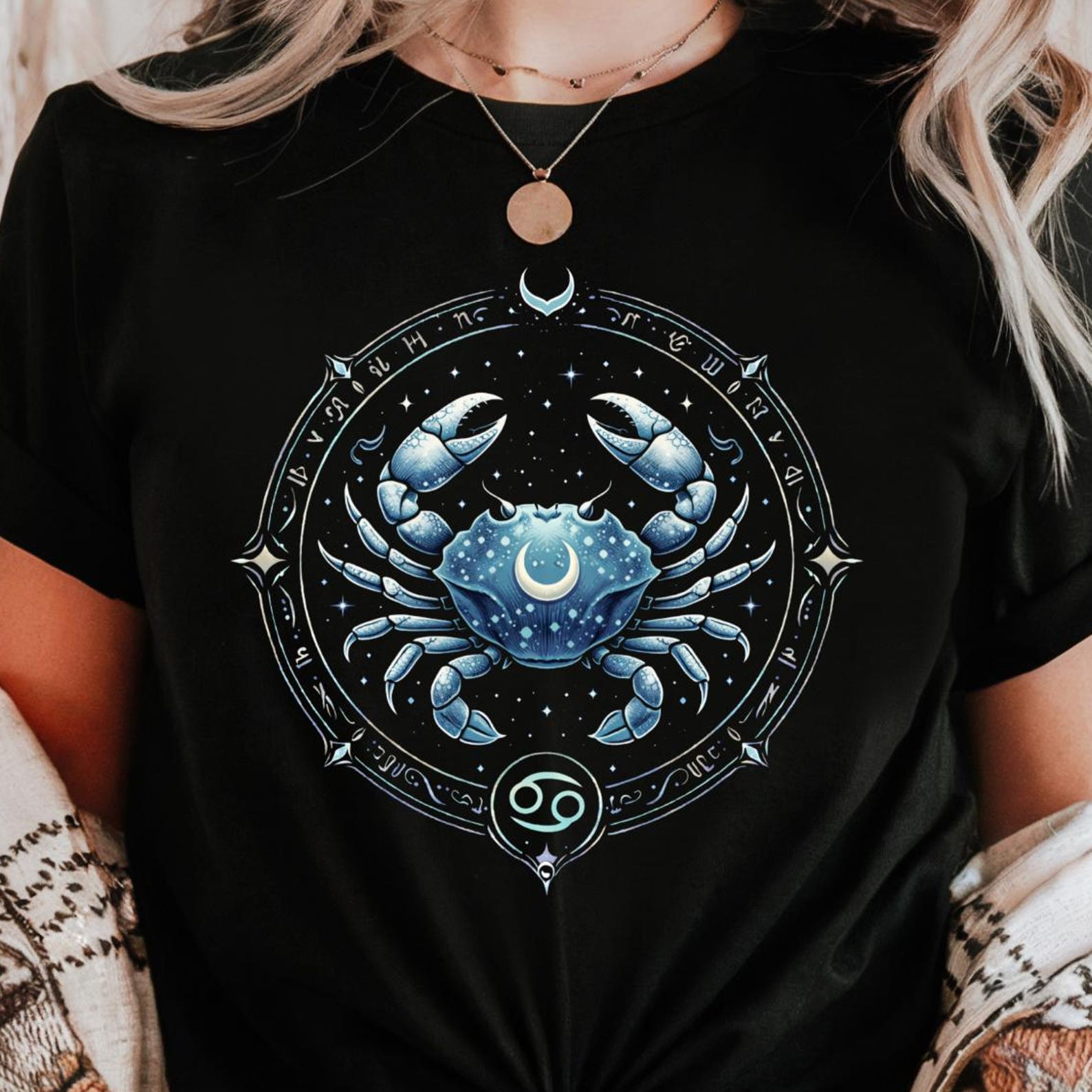 Cancer Zodiac Shirt | Celestial Crab Astrology Tee | Blue Mystic Horoscope Gift S