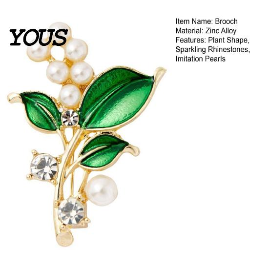Brooch Pin, Plant Shape Lapel Pin with Green Leaf Design, Imitation Pearl Collar Rhinestone Combination Stable Buckle for Daily Commuting And