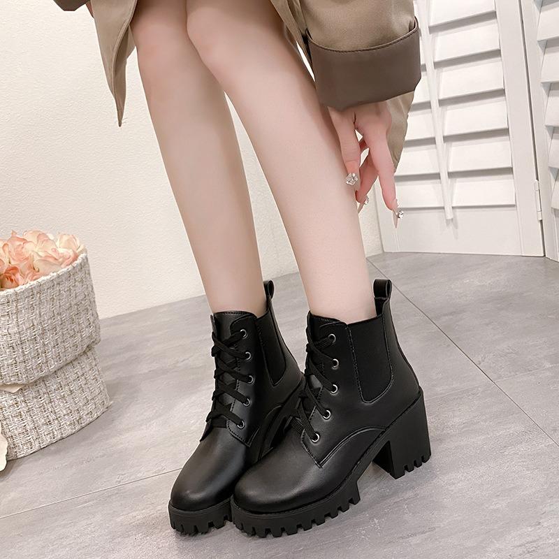 

High Heel Spring and Autumn Coarse Heel Lace-up Martin Boots Women s Spring Single Boots Fashion Versatile Platform Locomotive Boots 43 чёрный