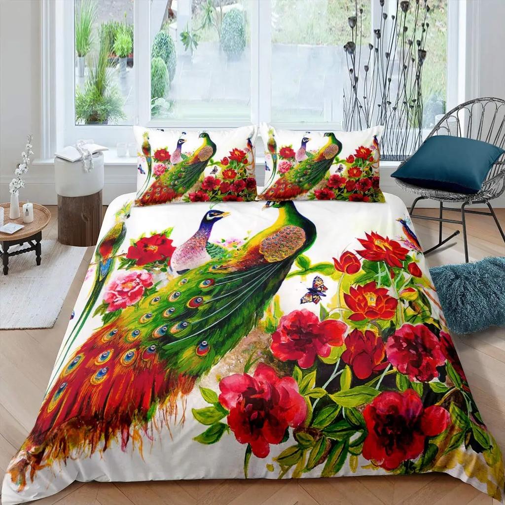 Peacock Vintage Flowers Duvet Cover Peacock Luxurious Feather Bedding Chinese Style Bedroom Decorations 3Pcs For Women Gifts