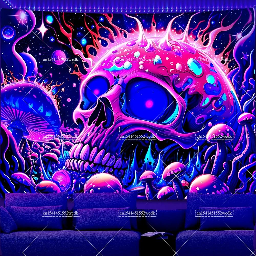 Skeleton Eye Blacklight Mushroom Tapestry UV Reactive Sun And Moon Neon Tapestrys Glow In The Dark Aesthetic Room Decor Posters