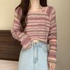 French Retro Designed Striped Knit Top Women's Spring Autumn Irregular Loose Short Long Sleeve Top
