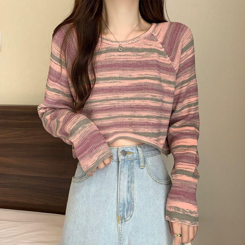 French Retro Designed Striped Knit Top Women's Spring Autumn Irregular Loose Short Long Sleeve Top