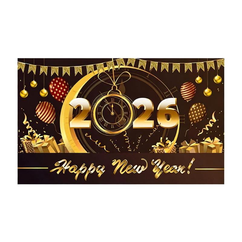 Happy New Year 2026 Banners With Balloon Pattern Decoration For Outdoor Indoor Festives Event Photoshoot Backdrop Favor