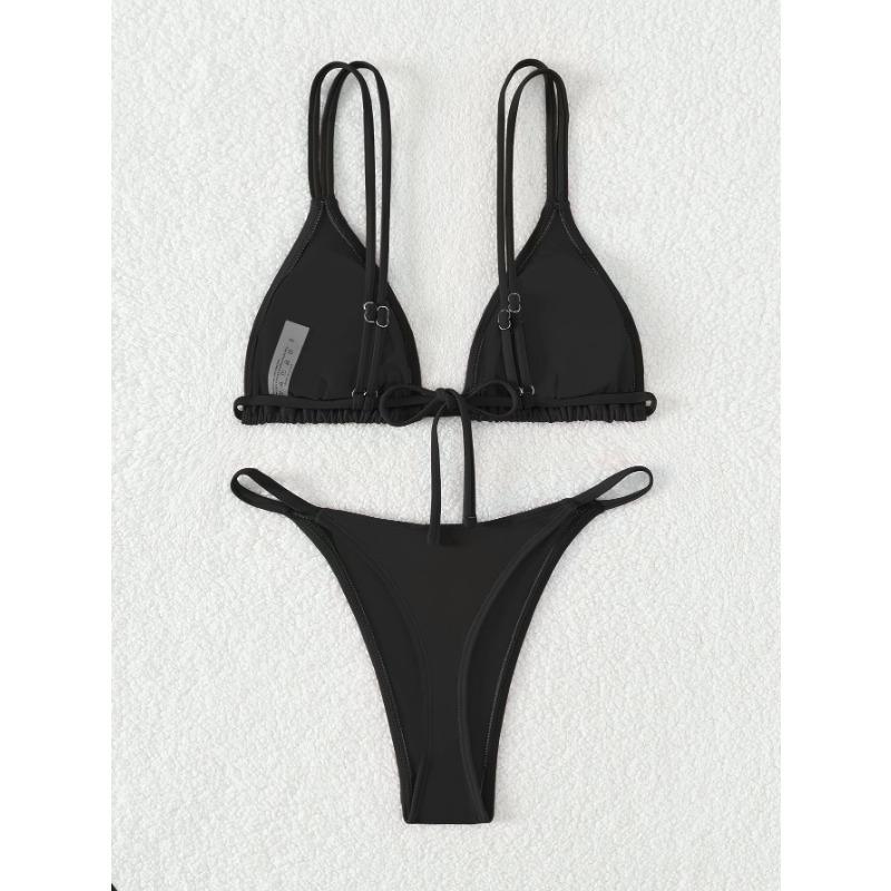 New Bikini Solid Color Triangle Cup Backless Sexy Bikini Swimsuit for Women