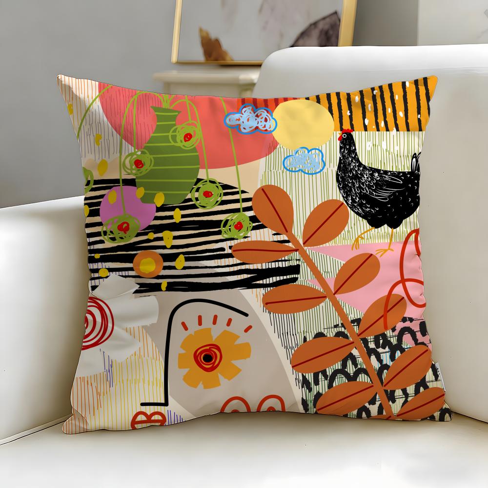 Classic Art Theme Rooster Doodle Art Cushion Cover Soft EasyWash Pillow Case Versatile for Couch Bed Travel and Office