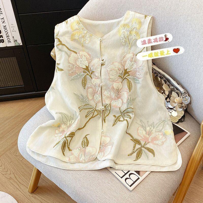 Vest women's embroidered vest vest women's summer retro disc buckle vest sleeveless new women