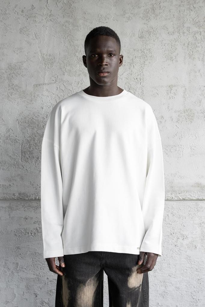 Męska Bluza Longsleeve Oversize z Efektem Chmury 87 - Ecru