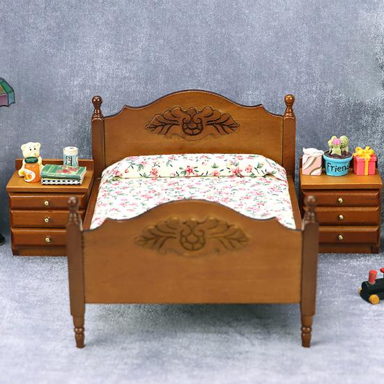 1:12 Domek dla lalek Łóżko Kwiat Projekt Miniatura Mebli Drewniane Łóżko Model Zabawka Domek dla Mikro Krajobrazu