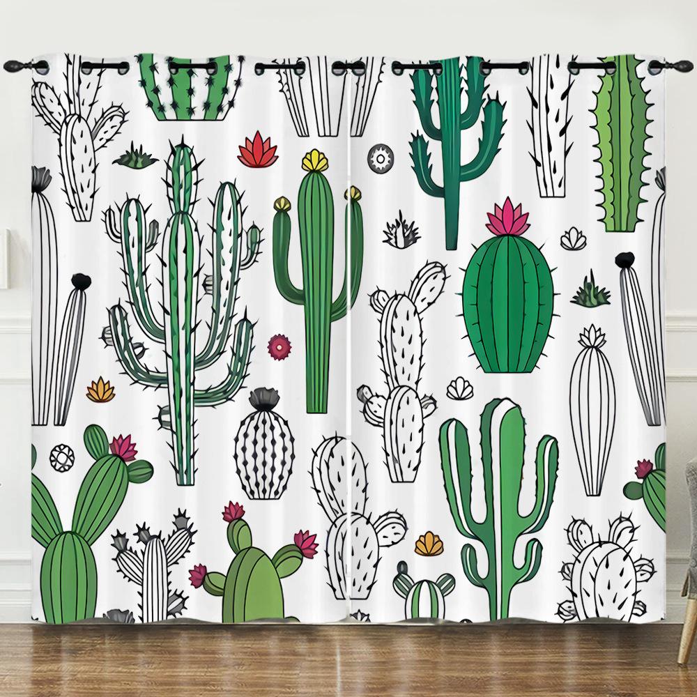 Curtains Fresh Green Plants Hand-Painted Cactus 3D Digital Printing Blackout Curtain Punching