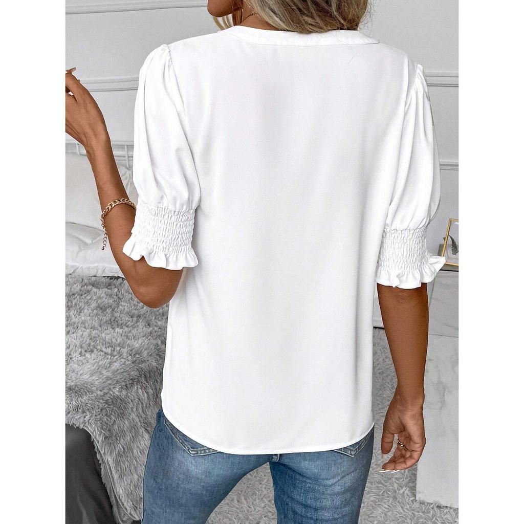 Summer new V-neck temperament bubble sleeves solid color casual women's T-shirt top