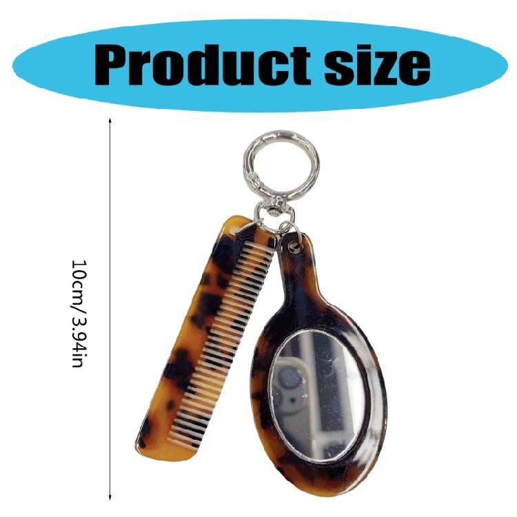 Leopard Comb Keychain with Makeup Mirror Pendant Fashionable Handmade Acetate Keyring Accessory Women Beauty Tool