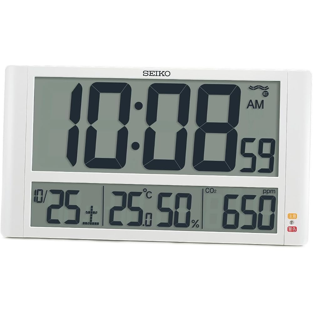 Seiko Clock Wall Clock/Table Clock, Wall/Table Clock, CO2 Concentration Display, Temperature and Humidity Display, Digital, Radio Controlled, White Pe