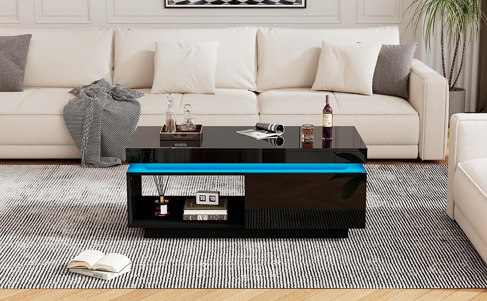 Modern High-gloss Coffee Table with LED Lighting, 100x50x40.3 Cm – Elegant Table with Drawer and 50 Kg Load Capacity