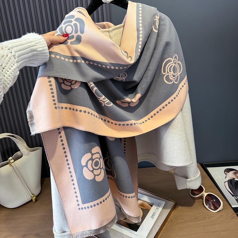 New Camellia Flower Cashmere Scarf Women Winter Shawl Warm Neckerchief Print Thick Blanket Poncho Bufanda Bandana Lady Headscarf