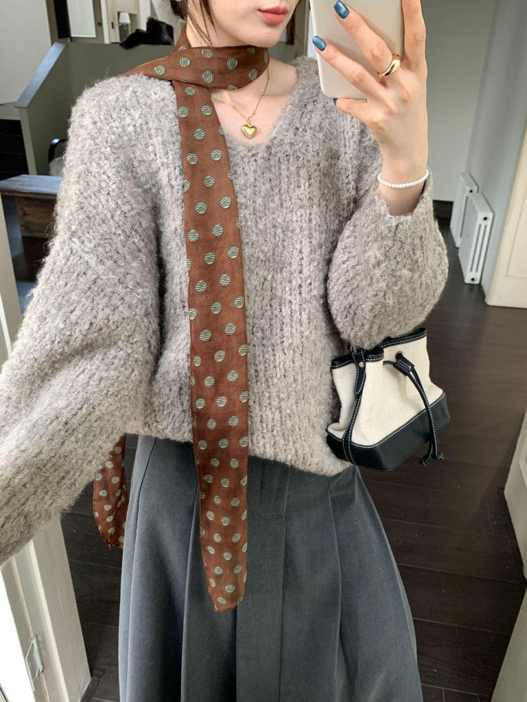 Women's Lake Blue V-Neck Autumn/Winter Korean Style Loose Knit Sweater - Cozy, Versatile, Age-Reducing