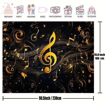 1pc, Elegant Black & Golden Music Notes Stage Banner, Mysterious DJH