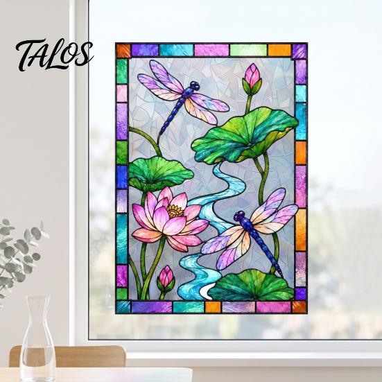 Decorative Glass Cling for Home Dragonfly Lotus Stained Style Window Cling, Rainbow Suncatcher Static Light Effect Sticker Decal, Privacy Film