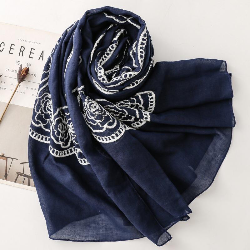 Solid Color Floral Ethnic Style Embroidered Scarf Rose Flower Hijab Scarf Warm Roll Edge Travel Stoles And Shawls For Women